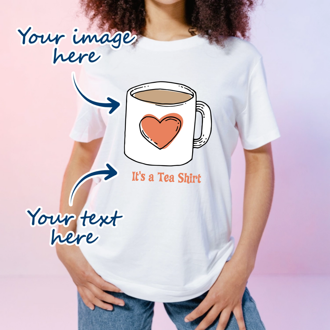 Woman wearing a white unisex t-shirt that is personalised with her own image and text. the text is available in a variety of fonts and font colours