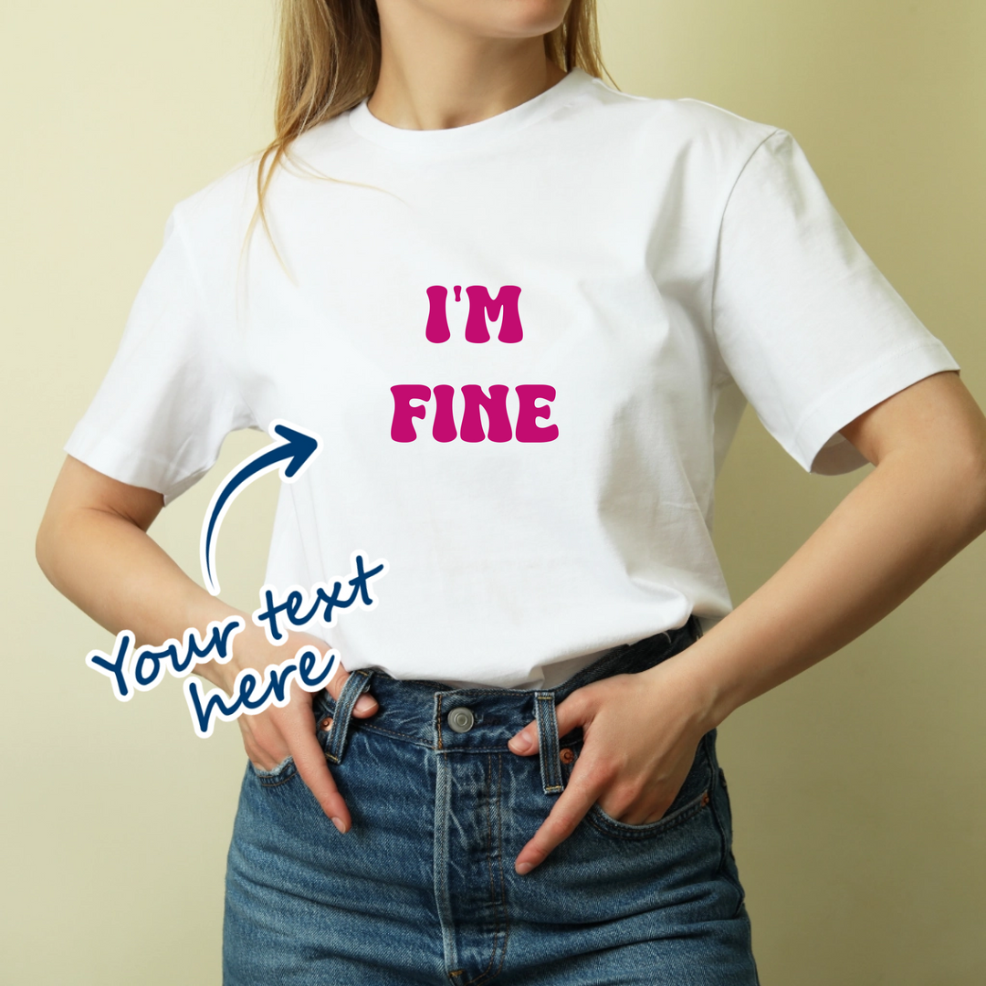 Woman wearing white t-shirt that is personalised with her own text that has different font & font colour options