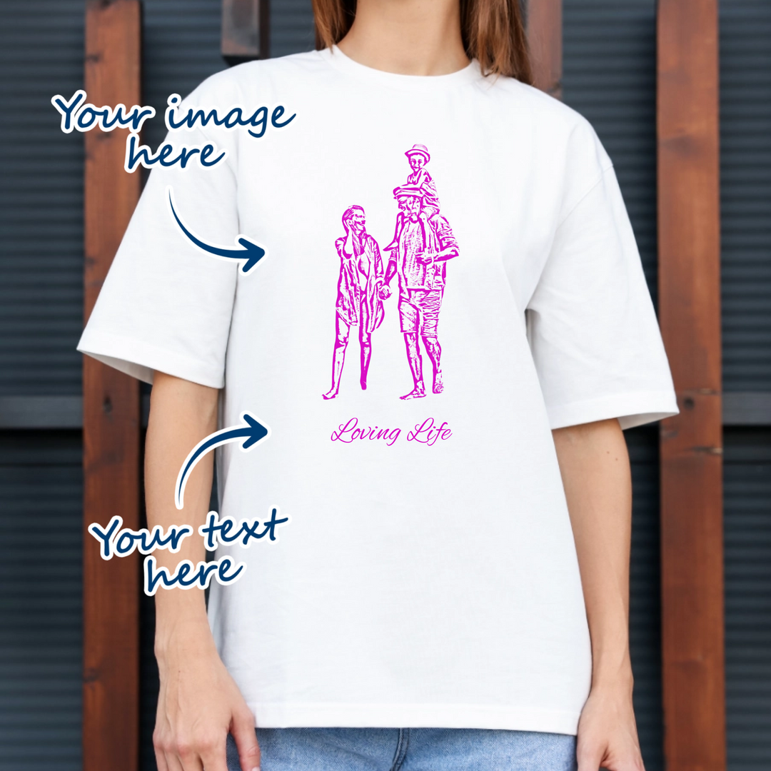 Woman wearing a white t-shirt that personalised with her own image that is transformed into a portrait sketch effect