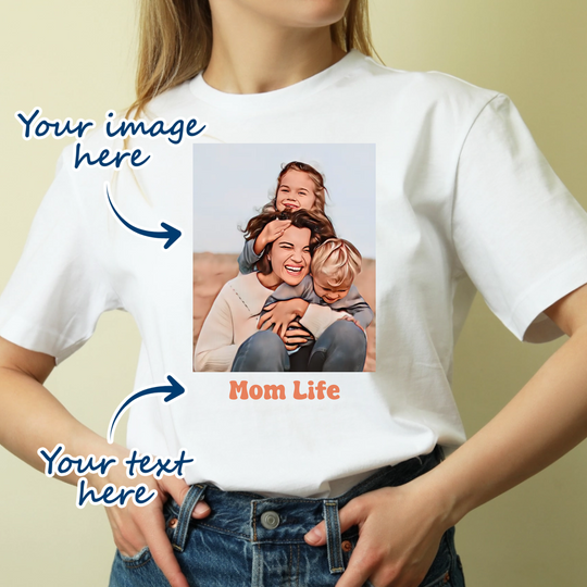 Woman wearing a white t-shirt that is personalised with their own image and text. the image is transformed into a caricature cartoon