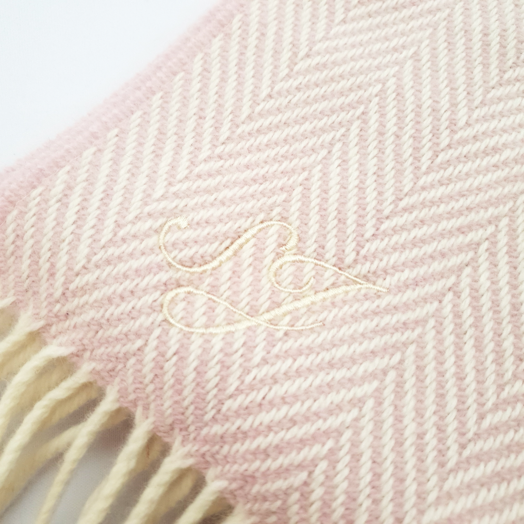 Personalised Foxford Luxury Scarf - Pink And White Herringbone Scarf