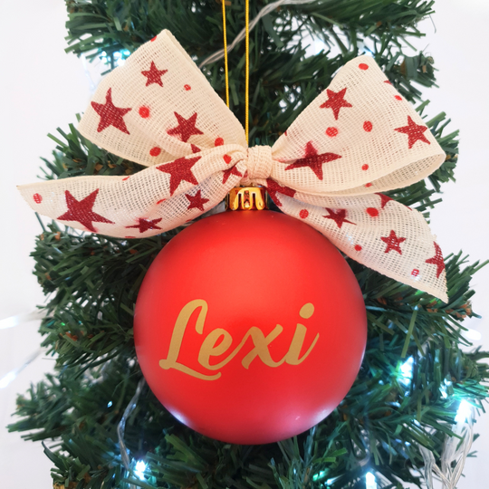 Personalised Christmas Bauble - Golden Red Star Sparkles- 8cm