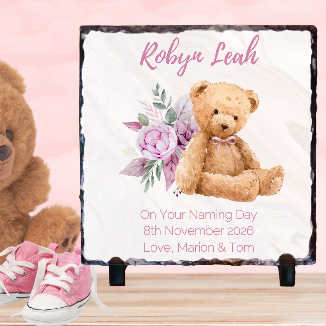 Personalised Naming Day Slate for Girls - Teddy Bear