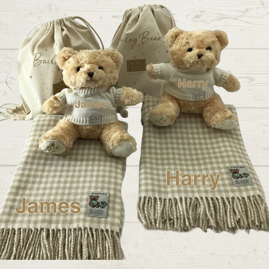 Twin Irish Gift Set... Personalised Bailey Bear, Foxford Blanket and Backpack