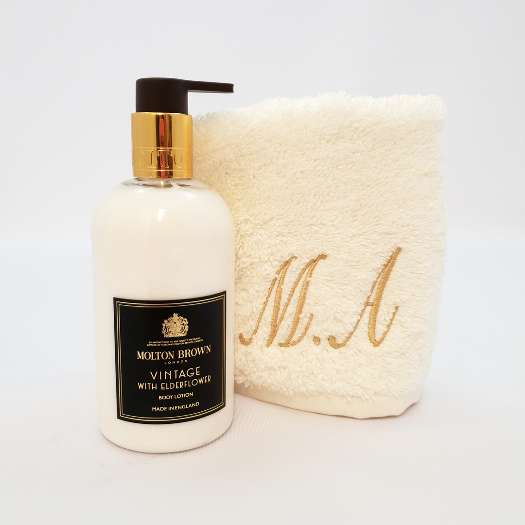 Personalised Luxury Cream Face Cloth & Molton Brown Vintage with Elderflower Body Lotion