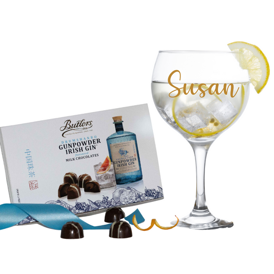 Gin Lover Gift Set - Personalised Gin Glass & Butler's Gunpowder Gin Chocolates