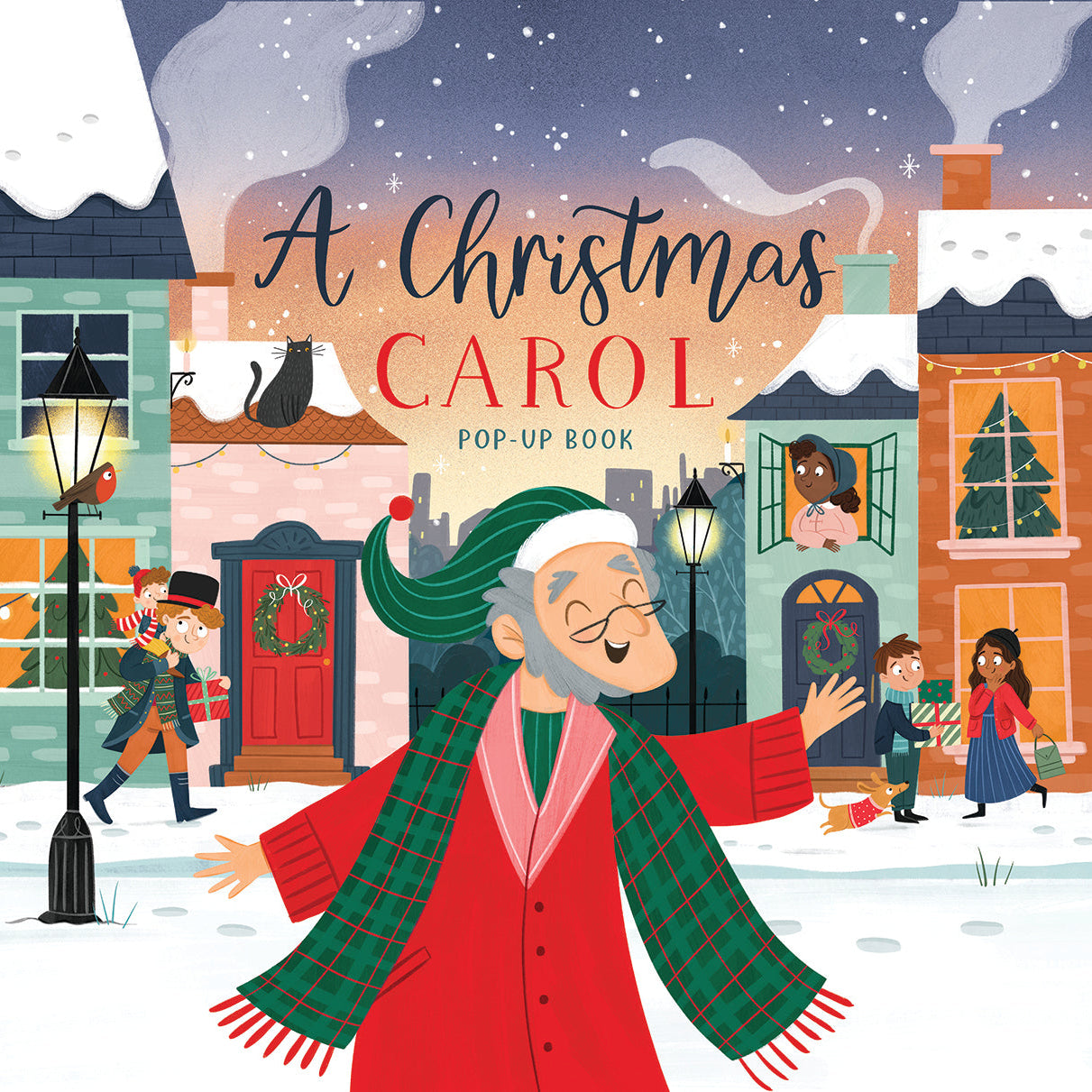 Illustrated cover of 'A Christmas Carol' pop-up book with a festive street scene.