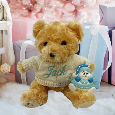 Personalised Baby's First Christmas Gift Set - Bailey Bear and  Baby's 1st Christmas Ornament -  Snowman with Banner Blue