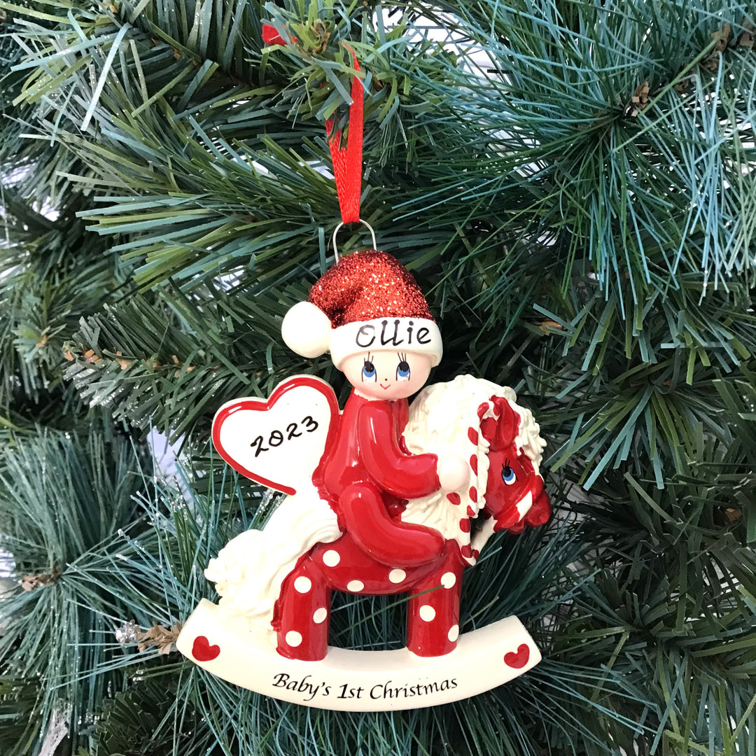 Personalised Baby's 1st Christmas Ornament - RED Rocking Horse