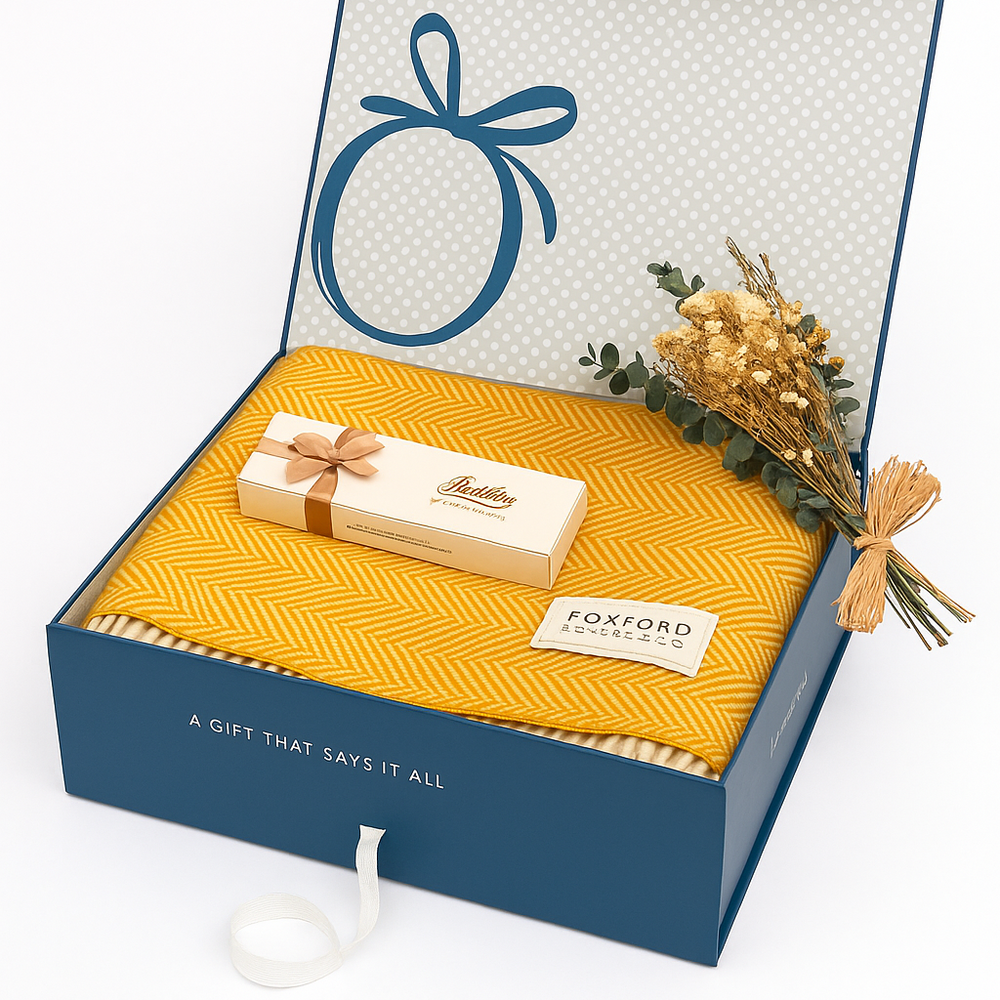 Boxed IRISH Gift Set - Foxford Inisfree Throw, Dried Flower Bouquet & Butler's Chocolates - Not Personalised