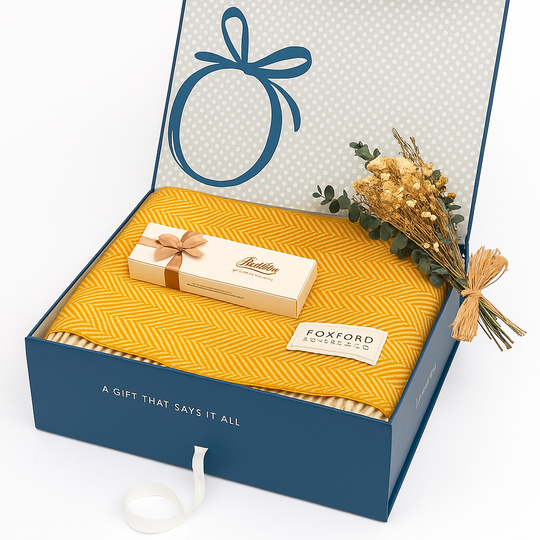 Boxed IRISH Gift Set - Foxford Inisfree Throw, Dried Flower Bouquet & Butler's Chocolates - Not Personalised