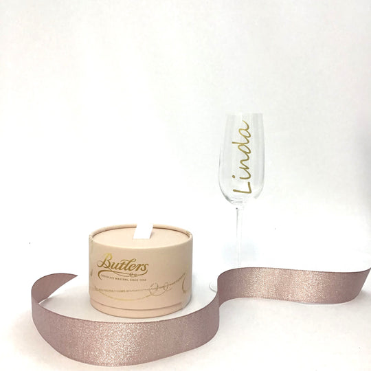 'Pink-ing of You' Gift Set - Personalised Champagne Glass & Butlers Powder Puff Chocolates -  Irish