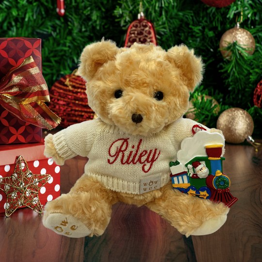 Personalised Christmas Gift Set - Bailey Bear and Personalised Christmas Ornament  -Santa Train