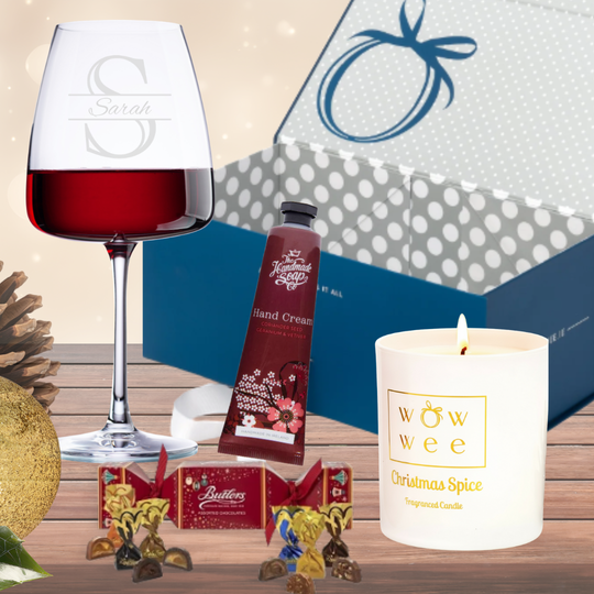 Personalised Christmas Gift Set - Wine Glass, Candle & Chocolates