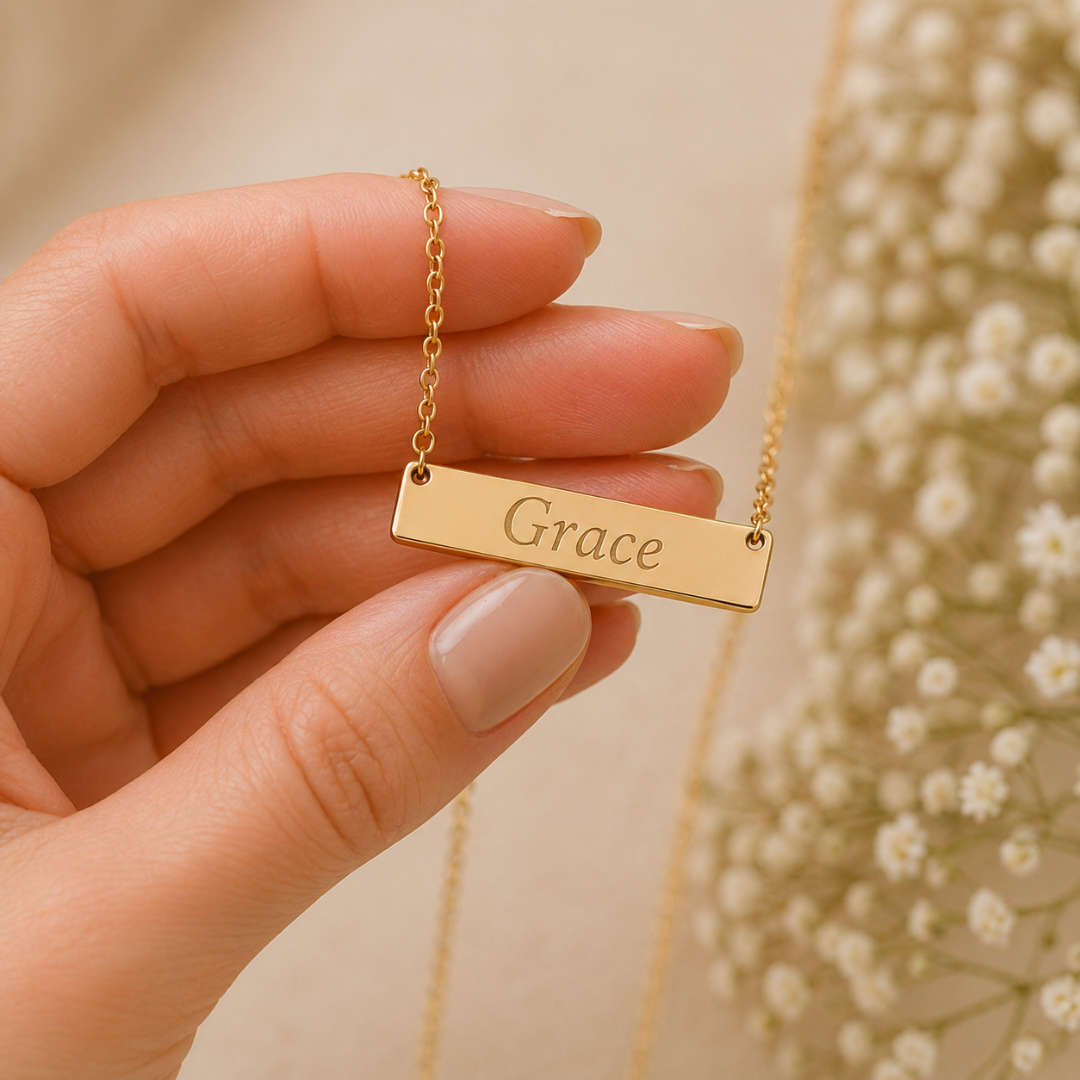Personalised Gold Necklace - Engraved Flat Bar - Classic