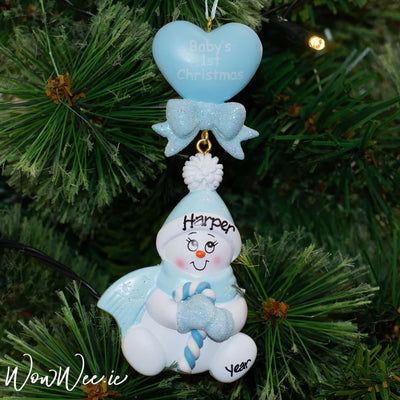 Personalised Baby's First Christmas Gift Set - Bailey Bear and  Baby's 1st Christmas Ornament - Candy Cane Blue
