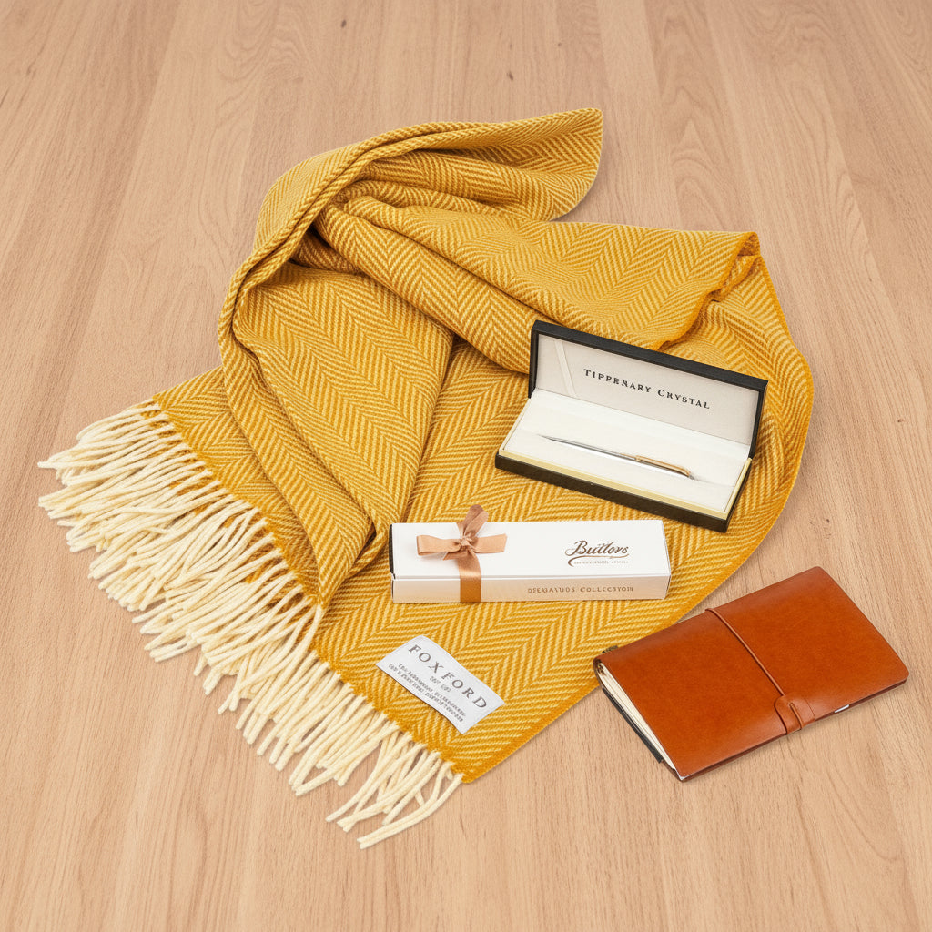 Luxury IRISH Gift Set - Foxford Innisfree Cashmere Throw, Tipperary Pen, Butler's Chocolates & Personalised Journal