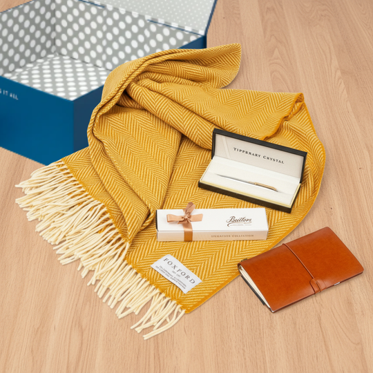 Luxury IRISH Gift Set - Foxford Innisfree Cashmere Throw, Tipperary Pen, Butler's Chocolates & Personalised Journal