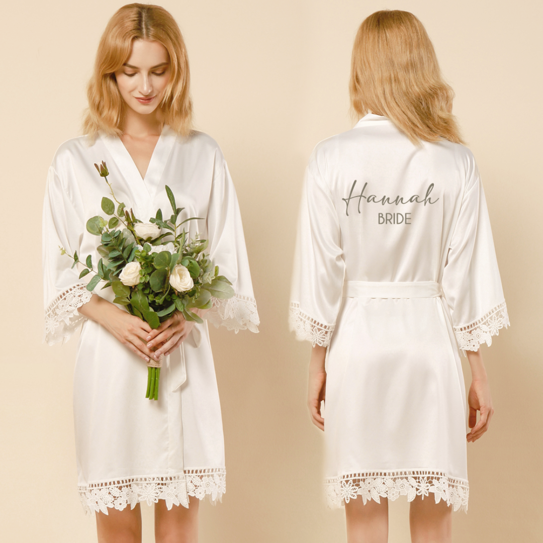 Personalised Floral Crochet & Satin Bridal Robe - Oyster White