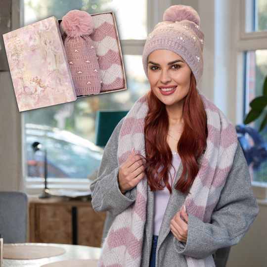 Ladies Pearl Knit Hat & Scarf Set in Luxury Gift Box - Muted Mauve