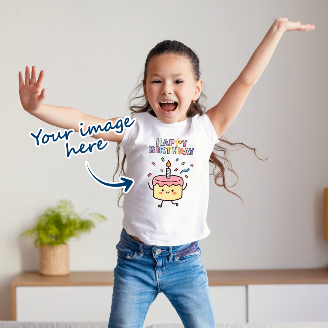Girl wearing a white t-shirt that is personalised with her own image that says happy birthday