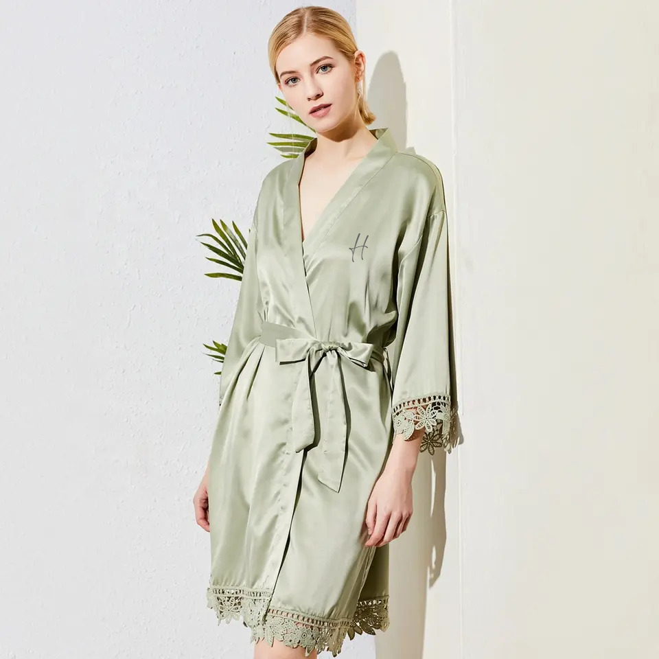 Personalised Sage Green Robe - Floral Crochet & Satin