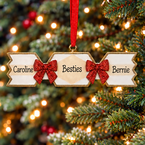 A personalized Christmas ornament shaped like a cracker, hanging on a lit Christmas tree. The ornament has three panels with the names 'Caroline', 'Besties', and 'Bernie' in black script, separated by red glitter bow details, and is suspended by a red ribbon.