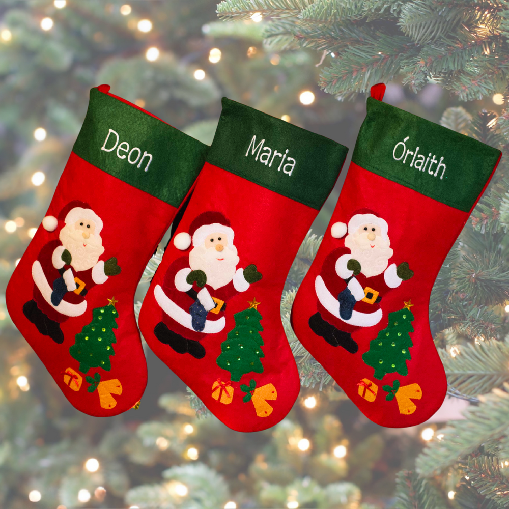 Luxury stocking personalised in Ireland by WowWee.ie with Santa and tree