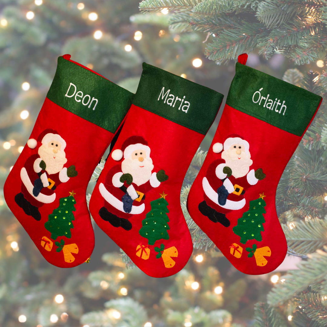 Luxury stocking personalised in Ireland by WowWee.ie with Santa and tree