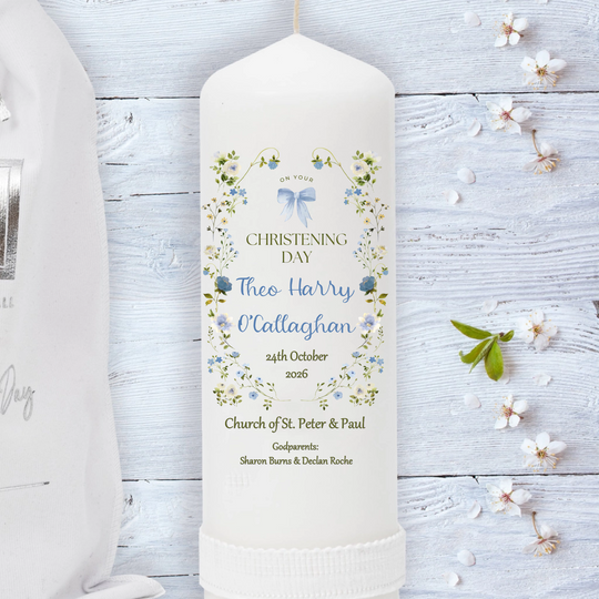 personalised Christening candle for boys with delicate flower design