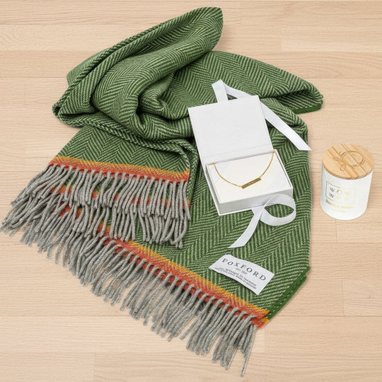 Luxury IRISH Gift Set - Foxford Barrow Green Cashmere Throw, Grá Necklace & Beautifully Scented Candle