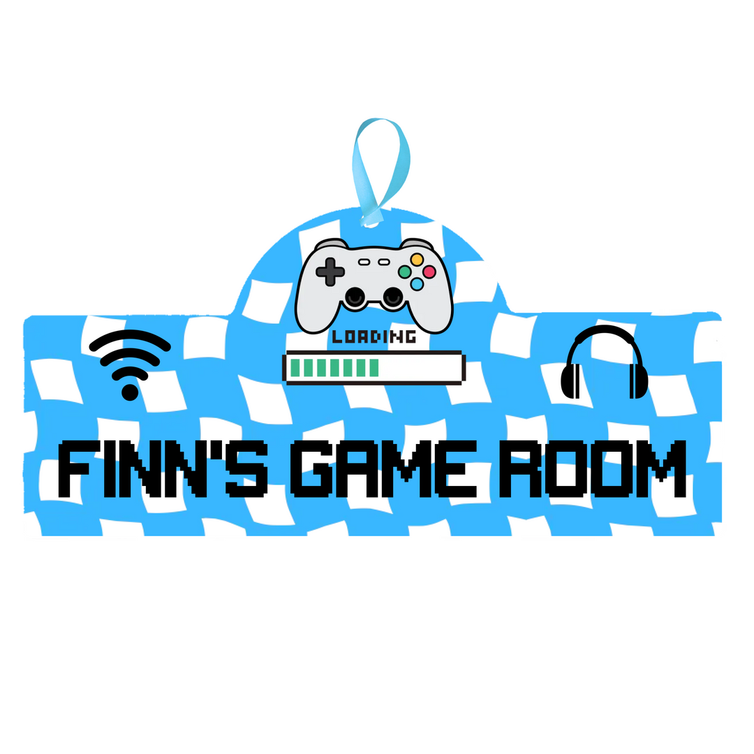 Personalized door sign for a game room with gaming-themed design on a white background