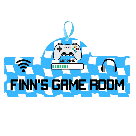 Personalized door sign for a game room with gaming-themed design on a white background
