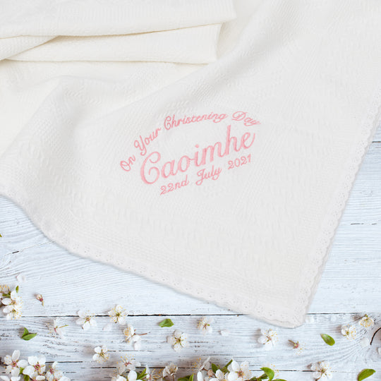 Personalised Christening Shawl | White Soft Cotton with Lace Trim for Girls