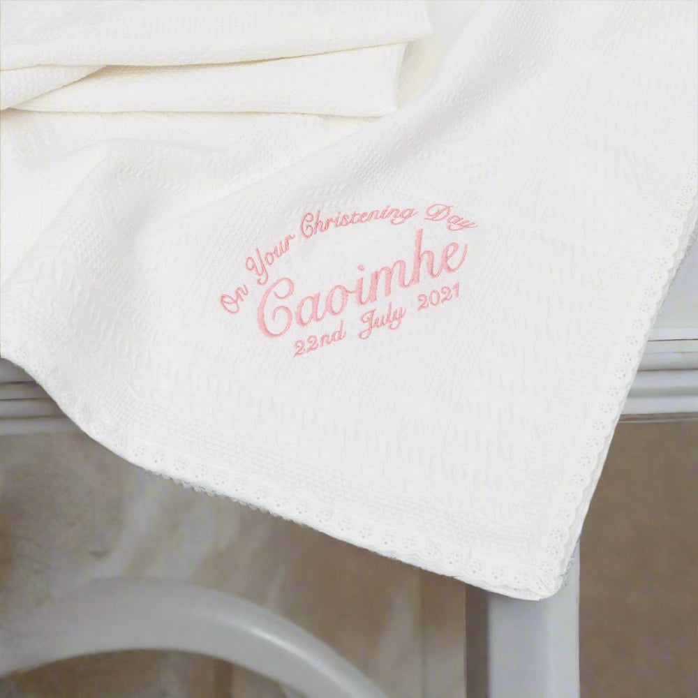 Personalised Christening Shawl | White Soft Cotton with Lace Trim for Girls