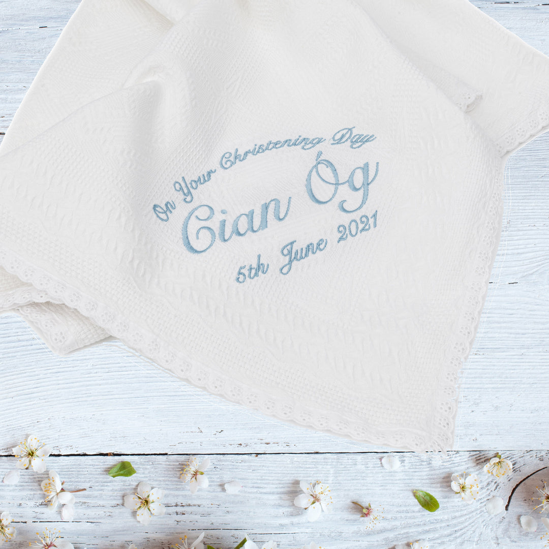 Personalised Lace Trim Christening Shawl for Boys