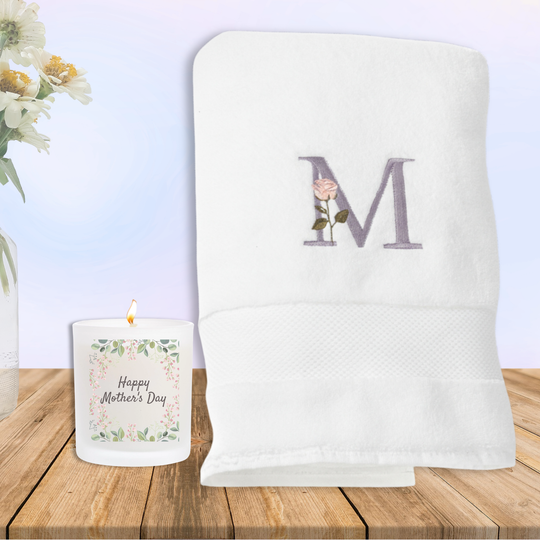 Personalised Mother’s Day Luxury Gift Set – Embroidered Initial Bath Towel & Scented Candle