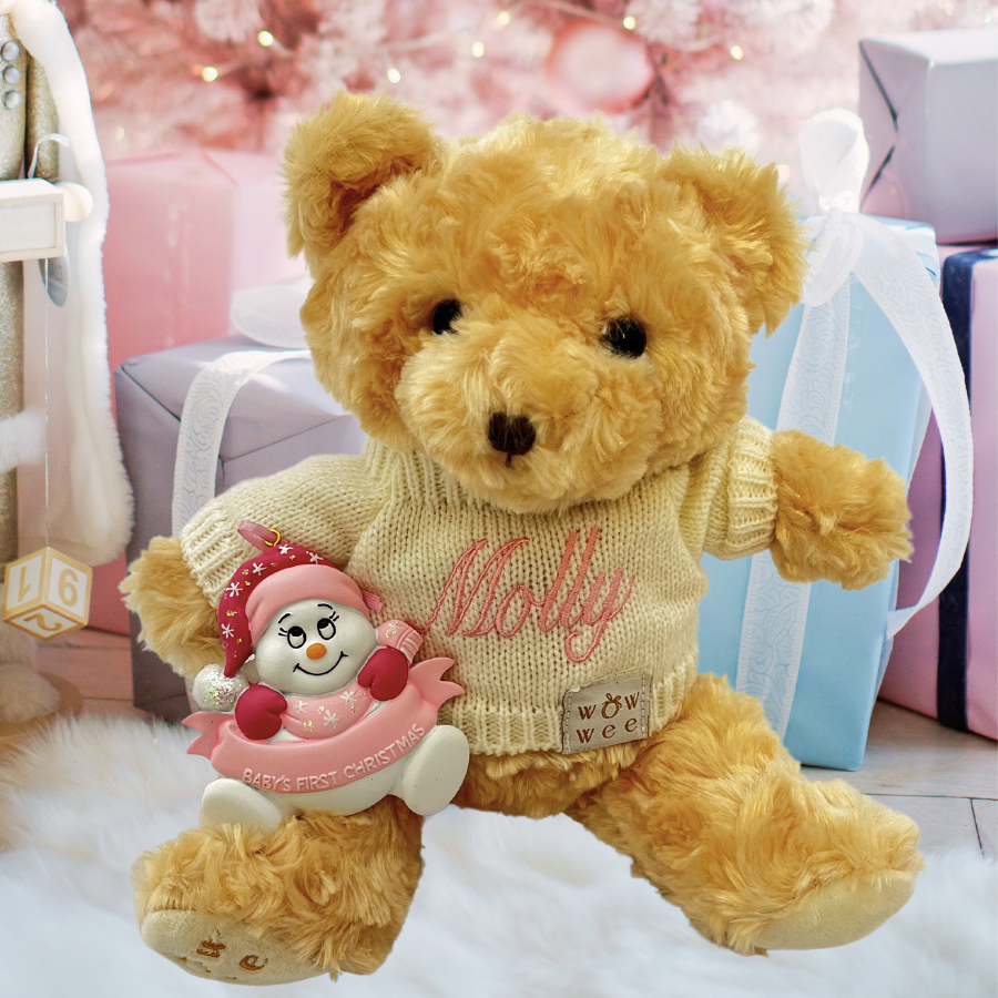 Personalised Baby's First Christmas Gift Set - Bailey Bear and  Baby's 1st Christmas Ornament -  Snowman with Banner Pink