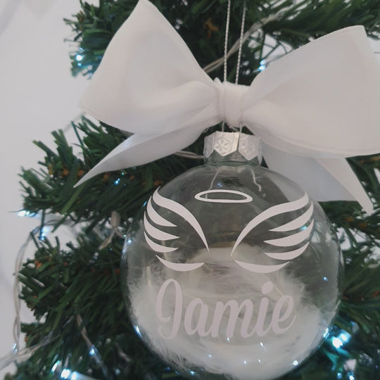 Personalised Luxury Christmas Memorial Bauble -  Angel Wings with Feathers - 8cm