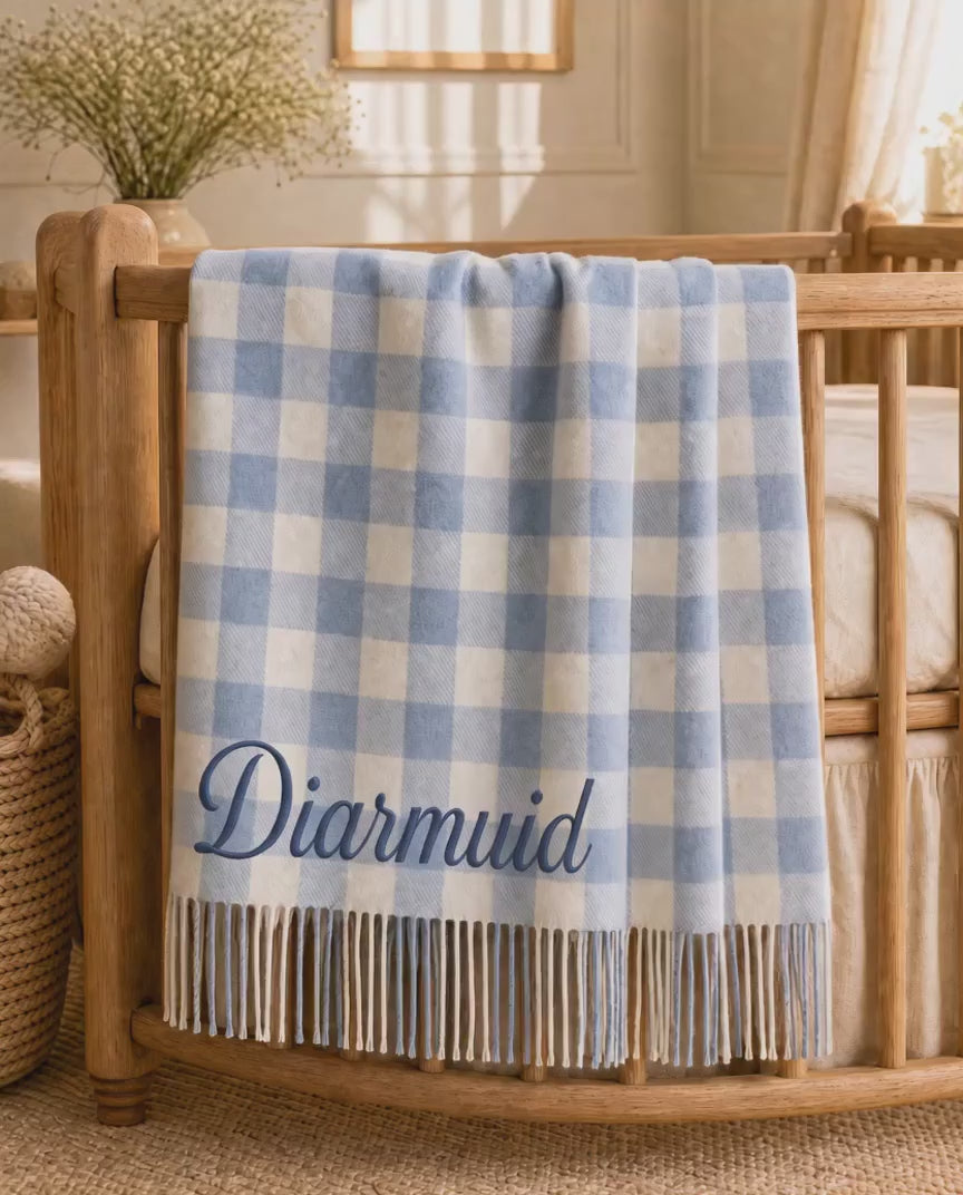 Personalised Foxford Baby Blanket - Gentle Blue & Cream Check