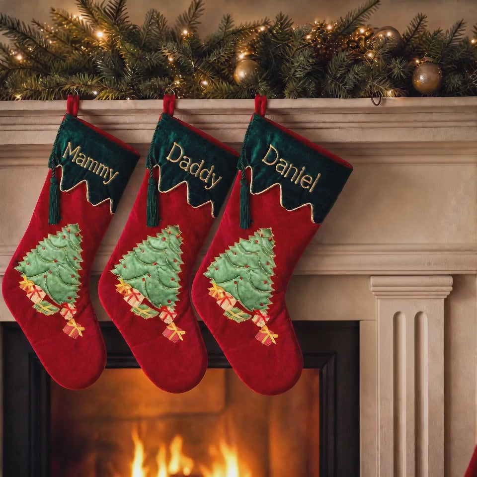 Personalised Velvet Christmas Stocking - Luxurious Tree and Gifts