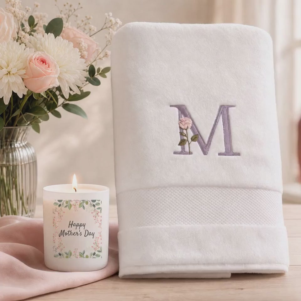 Personalised Mother’s Day Luxury Gift Set – Embroidered Initial Bath Towel & Scented Candle