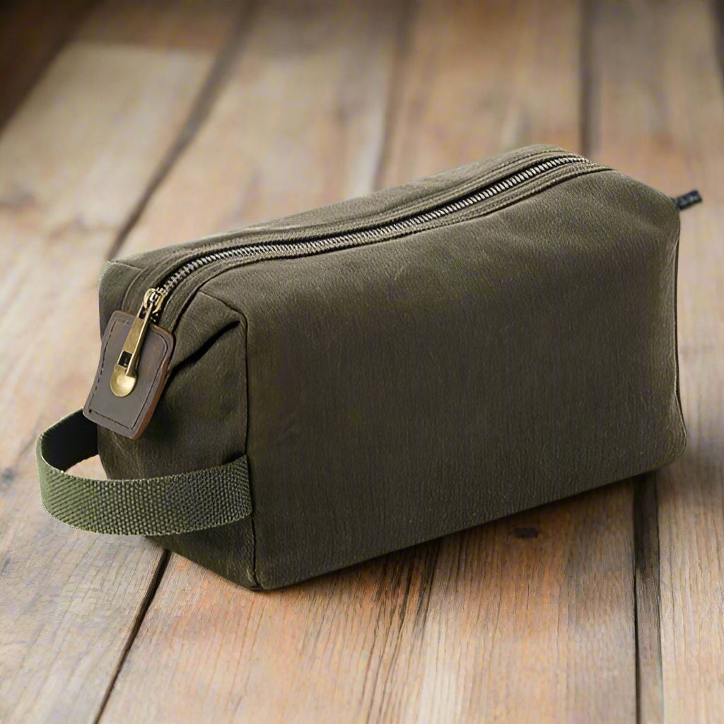Personalised Washbag for Men - Waxed Canvas Olive Green