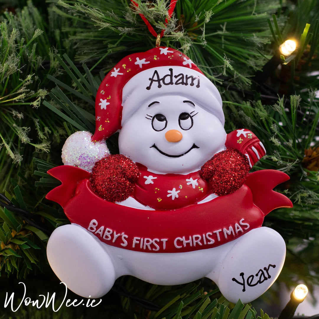 Personalised Baby's First Christmas Gift Set - Bailey Bear and  Baby's 1st Christmas Ornament -  Snowman with Banner Red