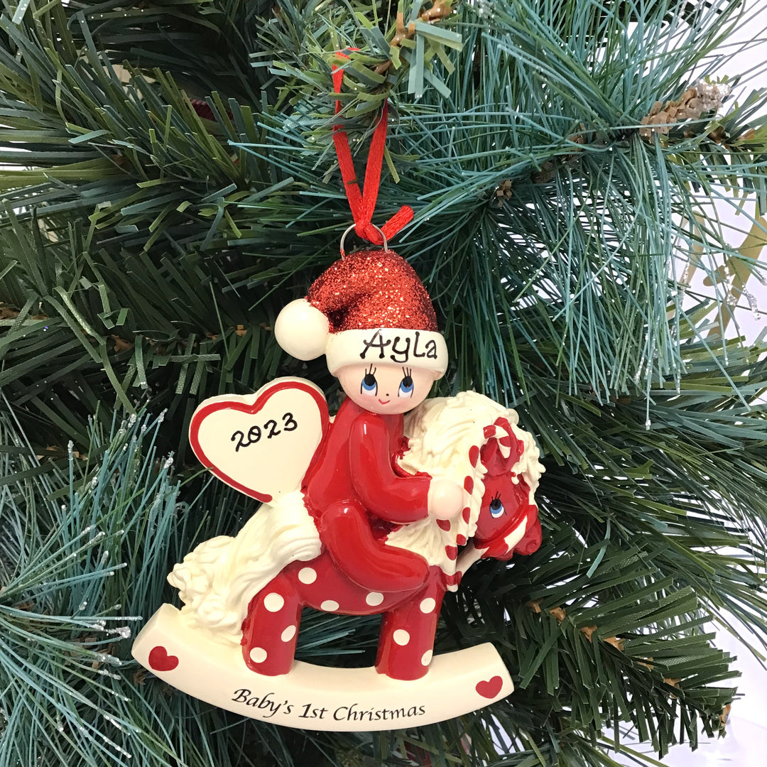 Personalised Baby's 1st Christmas Ornament - RED Rocking Horse