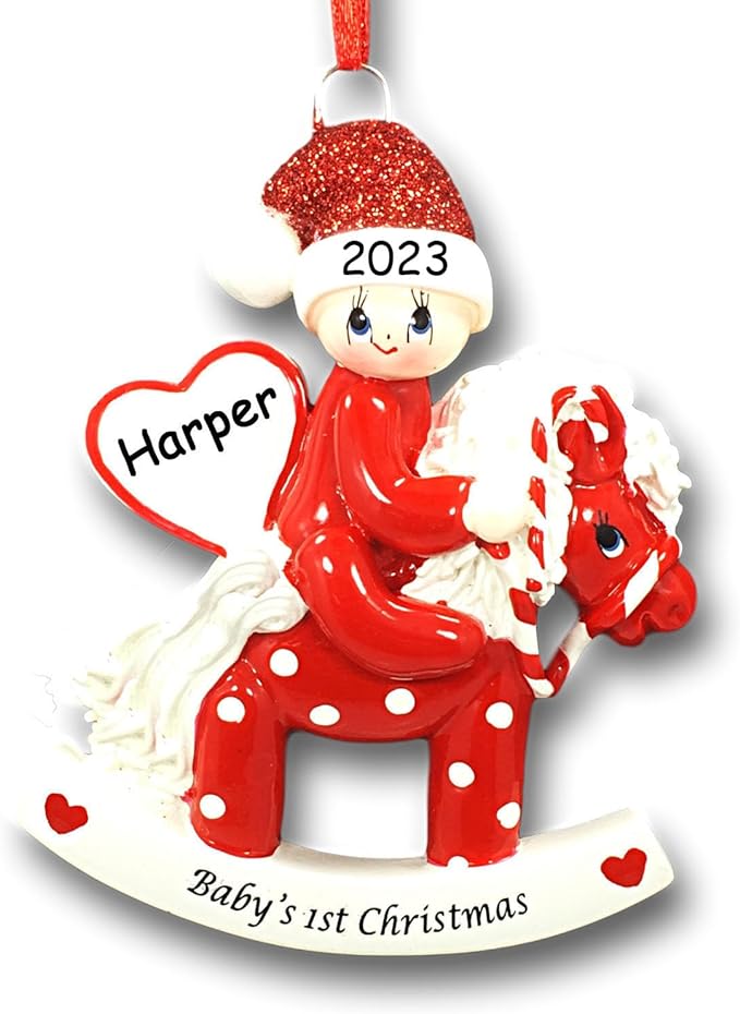 Personalised Baby's First Christmas Gift Set - Bailey Bear and  Baby's 1st Christmas Ornament - Rocking Horse Red