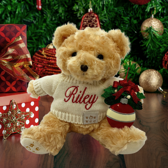 Personalised Christmas Gift Set - Bailey Bear and Personalised Christmas Ornament  -Red Round Ornament