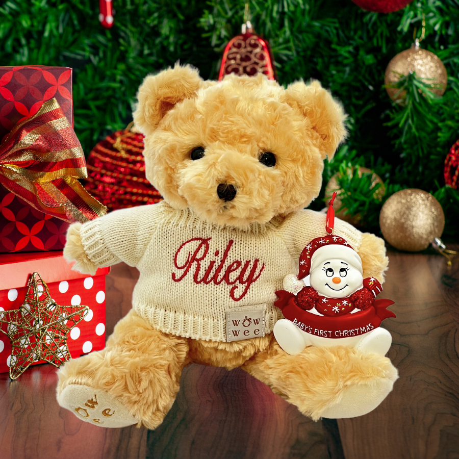 Personalised Baby's First Christmas Gift Set - Bailey Bear and  Baby's 1st Christmas Ornament -  Snowman with Banner Red