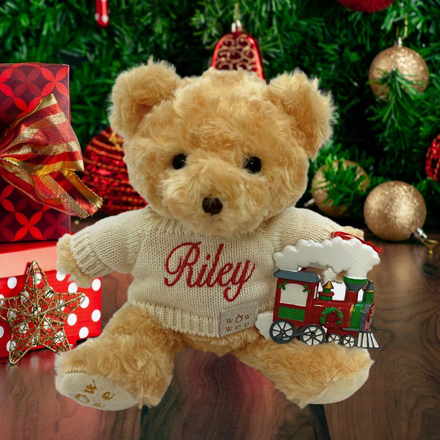 Personalised Christmas Gift Set - Bailey Bear and Personalised Christmas Ornament  -Red Train