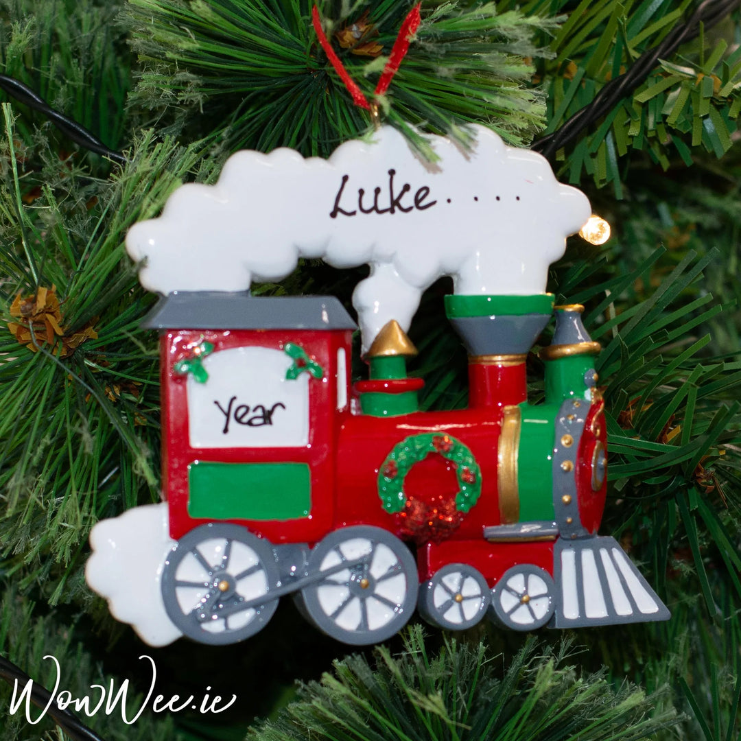 Personalised Christmas Gift Set - Bailey Bear and Personalised Christmas Ornament  -Red Train